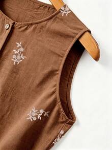 SHEIN Franclia Gaun Tanpa Lengan Kancing Depan Motif Tanaman Kasual untuk Liburan Wanita - Khaki - View 4