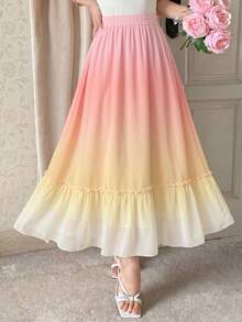 Modelyn 女款春夏季編織拼接印花漸層A字版型荷葉邊裙襬優雅浪漫長裙 - 彩色 - 查看 6