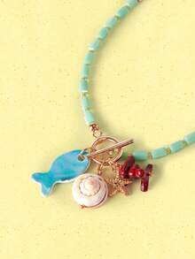 Popjeli 1 Piece, Summer Beach Ocean Vacation Wind Glazed Chain Fruit Cherry Small Fish Coral Starfish Lemon Mushroom Rough Stone Pendant Women's Necklace,Y2K/Cute/Colorful/Chic,DIY,PINK,Summer/Beach/Prom/Part/Vacation/Travel,For Mom/Women/Girl/Mother,Heart,Floral - Multicolor - View 10