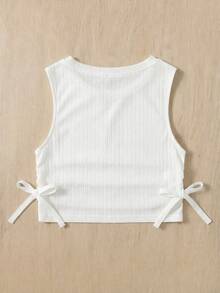SHEIN Young Girl Knit Solid Color Round Neck Ruched Casual Tank Top - White - View 3