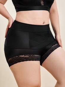 Hourtrue 1pc Seamless High Waist Shaping Panties, Plus Size Women Summer Lace Tummy Control Butt Lifting Shapewear - Black - View 8