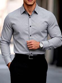 Manfinity Bizformal Áo sơ mi nam công sở thời trang casual in họa tiết cài nút tay dài - Đen và trắng - Xem 1