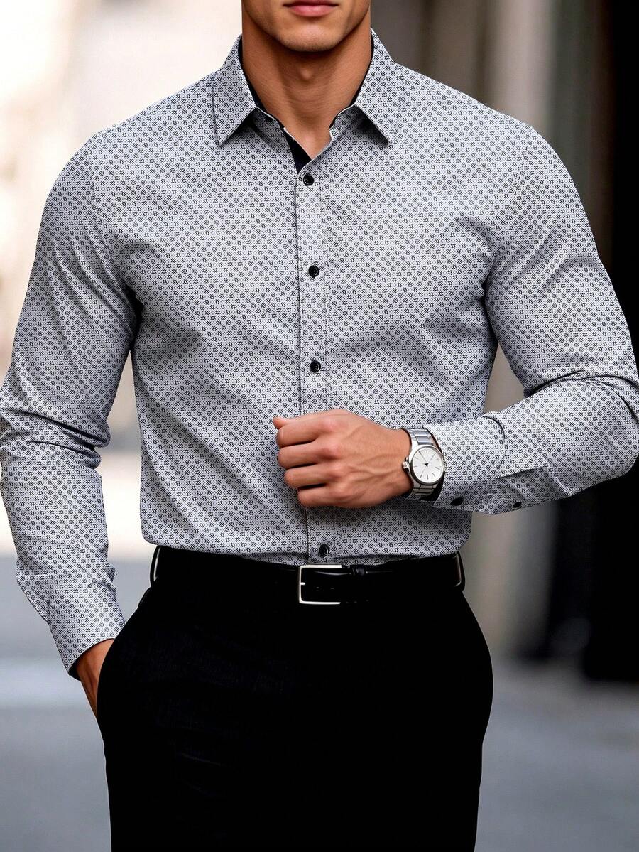 Manfinity Bizformal Áo sơ mi nam công sở thời trang casual in họa tiết cài nút tay dài - Đen và trắng - Xem 1