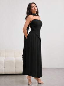 Modelyn Women's Long Strapless Pale Yellow Asymmetrical Ribbon Scarf Neck Elegant Charming Umbrella Hem Dress For Spring And Summer - Black - View 6