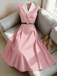 GlowEve Women's Pink Stripe Contrast Collar Cinched Waist A-Line Elegant Daily Commute Office Tea Party Teachers' Day French Vintage Spring Summer Shirt Dress - Multicolor - View 3