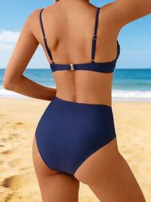 Swim Lushoire New Summer Vacation Push-Up Molded Cup Solid Color Bikini Set - Navy Blue - View 2