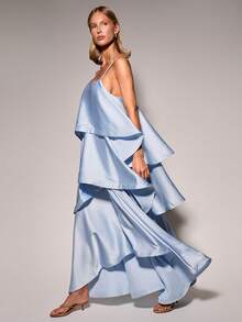 COSMINA Women's Elegant Tailored Long Train Cake Dress Beach Day Party Cocktail Date Vacation Wedding Season Formal Dress Light Blue Summer - Blue - View 3