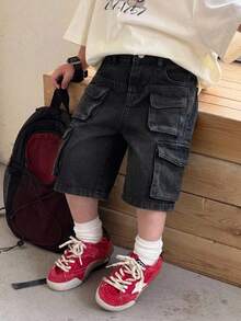 小男孩黑色鈕扣口袋休閒牛仔工裝褲 - 黑色 - 查看 6
