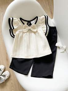 SHEIN Playful Pals 女嬰對比色滾邊蝴蝶結裝飾百褶上衣與長褲休閒日常套裝 - 杏色 - 查看 2
