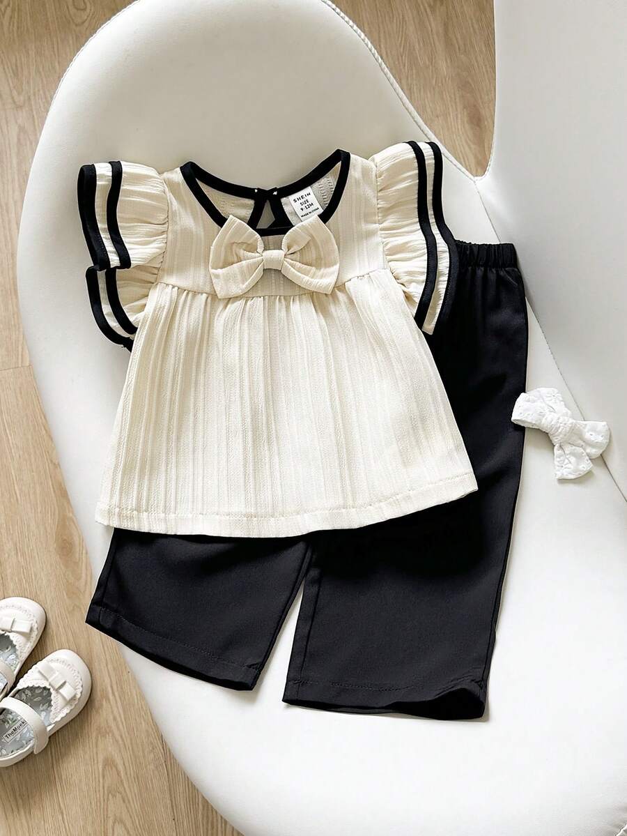 SHEIN Playful Pals 女嬰對比色滾邊蝴蝶結裝飾百褶上衣與長褲休閒日常套裝