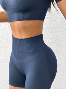 SHEIN Unity Seamless Cropped Top And Shorts Women Sports Set - Dark Grey - View 7