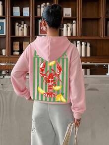 Muchica 休閒簡約度假風龍蝦與檸檬定位熱轉印印花圖案連帽長袖寬鬆女款運動衫，適合春夏穿搭，百搭舞蹈運動衫 - 淺粉色 - 查看 4