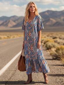 LanaWest Women's Vintage Boho Country Paisley Maxi Dress, Elegant Button Front Split Hem Long Sundress For Resort Road Trip Western Farm Party - Navy Blue - View 4