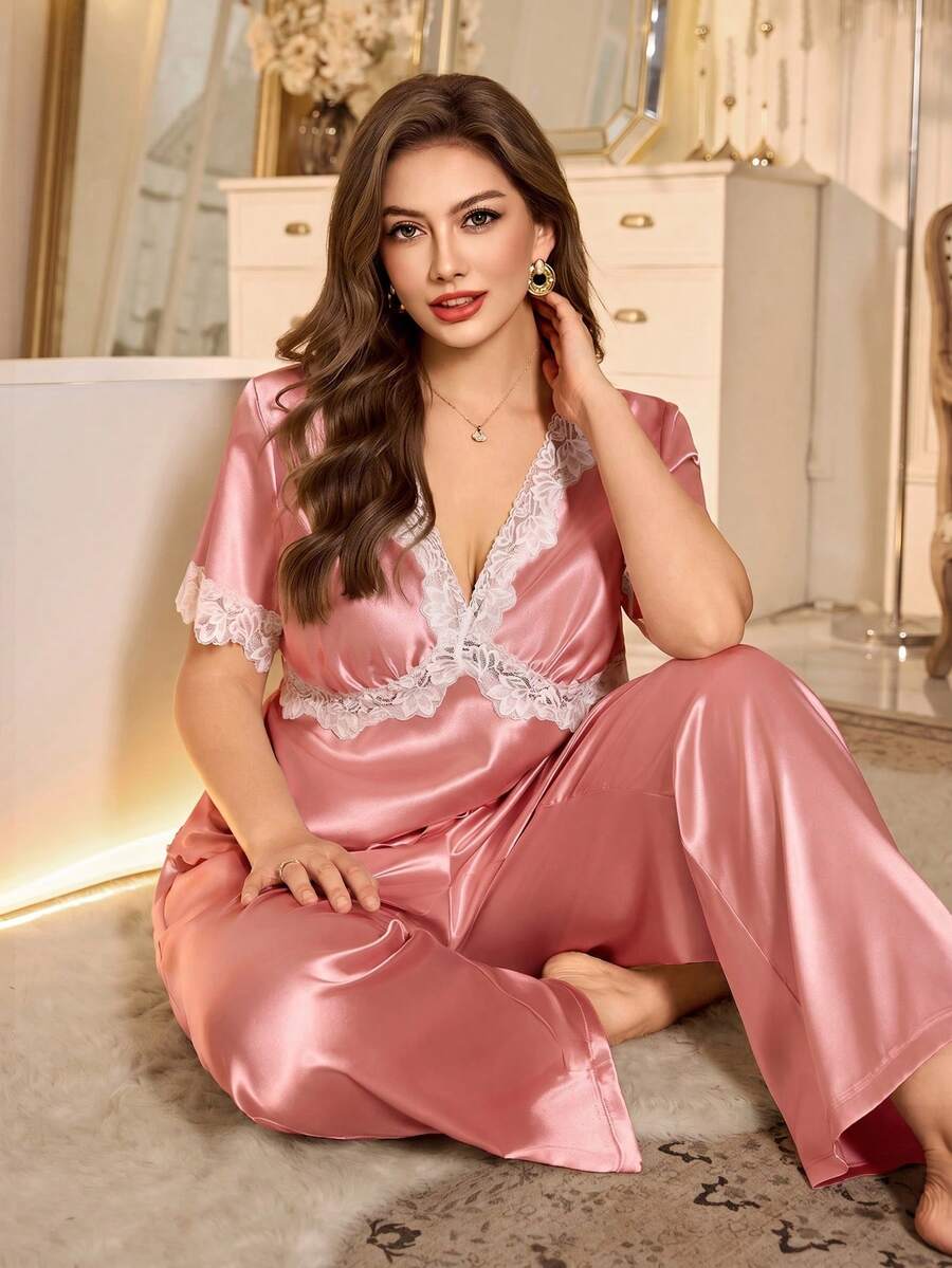 SHEIN 優雅緞面蕾絲交叉短袖大尺碼睡衣套裝 - 藕粉色 - 查看 1