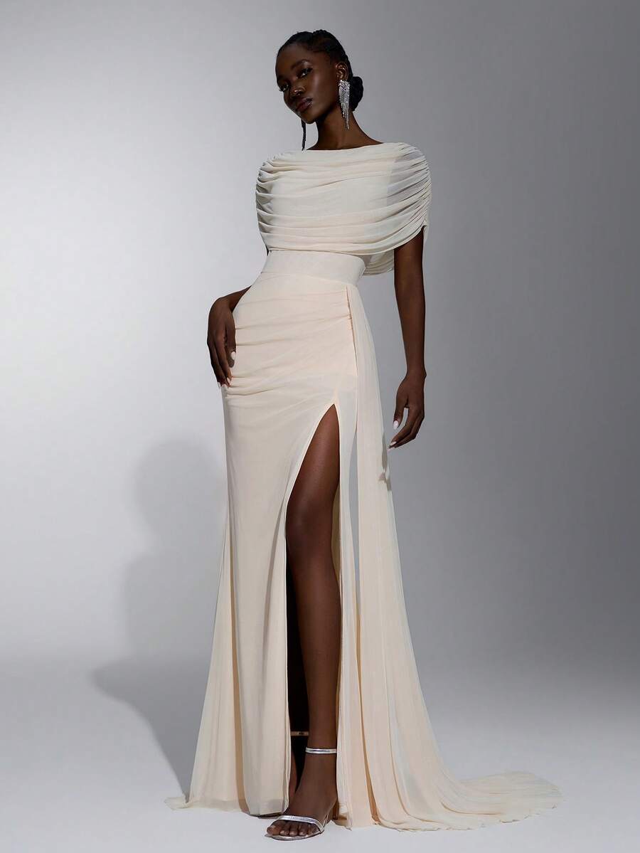 Elitara Elegant Formal Sexy Fashionable Beige Elastic Slim Fit Slit Long Dress With Draped Neckline Party Dinner Evening Gala Dinner Prom Rehearsal Wedding