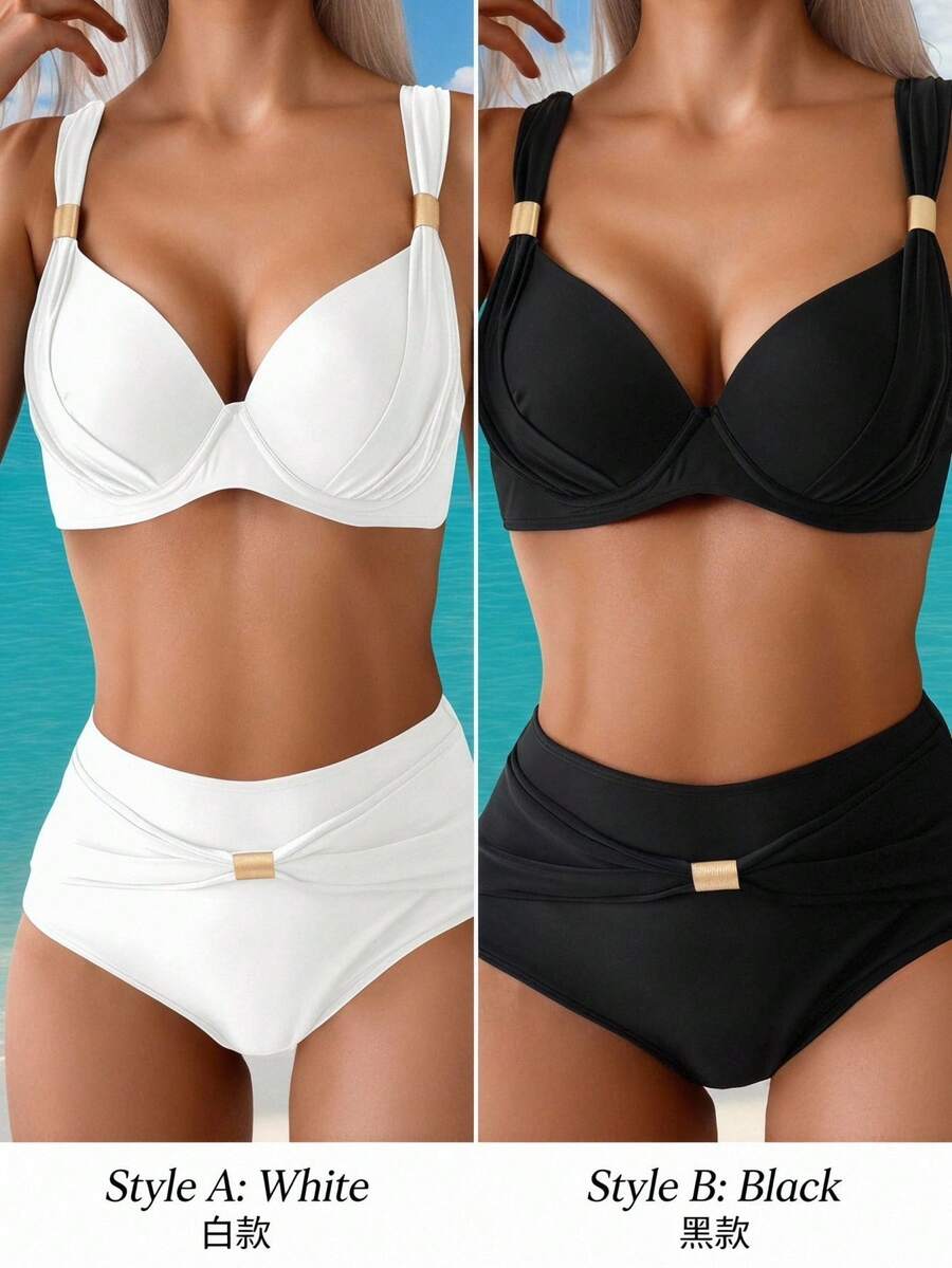 Swim Basics 純色極簡設計女款時尚比基尼兩件套 夏季海灘適用 - 彩色 - 查看 1