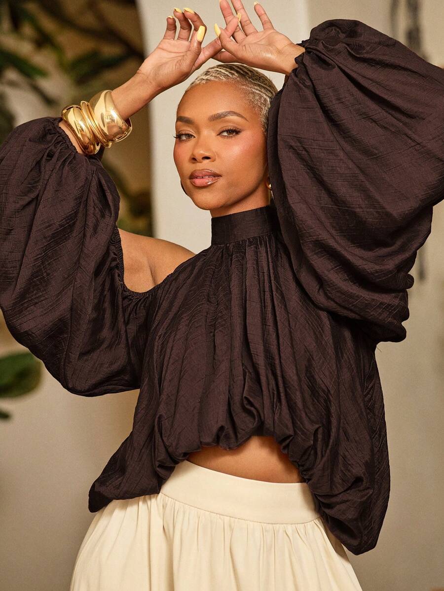Vixey Crepe Cold Shoulder Elasticized Cuff And Hem Draped Top, Resort Wear, Vacation , Tropical, Beach To Dinner, Resort Chic, Vacation Ready - Brown - View 1