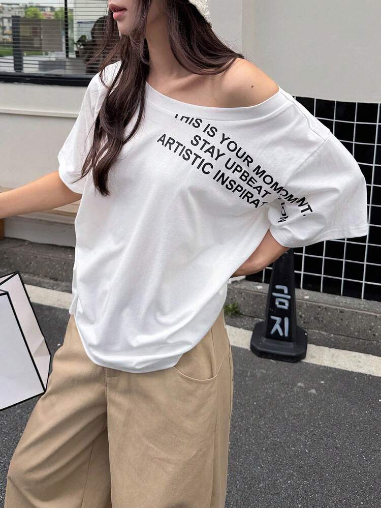 Women's Off-Shoulder Letter Print Casual Versatile Daily Outing T-Shirt