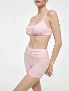 Bralution 2pcs Pink Ruched Padded Sports Bra And Shorts Set, Bust Enhancing, Cinched Waist, Suitable For Workout And Outdoor Wear - Pink - View 4