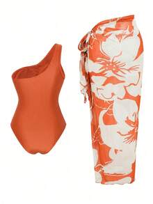 Swim Oasis Women's One-Piece Swimsuit With Mesh Patchwork And Skirt Beach Burnt Orange Summer Sexy - Orange - View 2