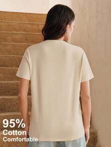 Anewsta 休閒女款T恤，可愛3D刺繡T恤，杏色狗狗刺繡T恤，95%棉，5%彈性纖維上衣 - 杏色 - 查看 2