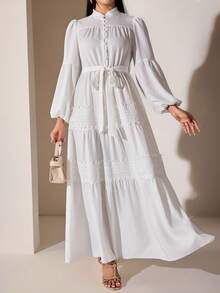 Veilorie Robe arabe élégante pour femmes avec manches lanterne en dentelle contrastée pour les vacances - Blanc - Voir 2