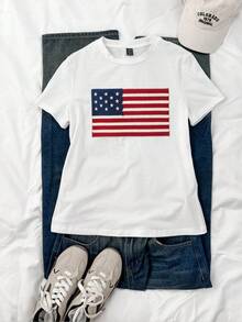 Attitoon 休閒極簡風美國國旗日圖案 3D 泡棉印花圓領短袖修身女款 T-Shirt，適合夏季街頭穿搭 - 白色 - 查看 7