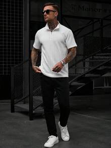 Manfinity CasualCool 男士短袖立領半鈕扣T恤，白色直條紋紋理提花面料，彈性柔軟舒適面料，修身版型，適合老錢風、日常休閒、週末出遊、戶外活動、旅行探險、輕鬆工作環境或半正式場合，適合作為男朋友/丈夫的禮物，週年/生日派對、夏季度假婚禮，春/夏時尚套裝 - 白色 - 查看 3