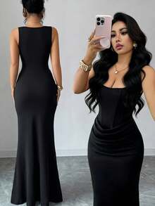 Selianne Đầm hè gợi cảm mới, đầm ôm sát màu đen cổ vuông kiểu Pháp, viền corset giả, dáng đuôi cá, chi tiết xếp ly ở eo, đầm dạ hội sang trọng cho đám cưới, kỳ nghỉ, hẹn hò, tiệc tùng, ngày Valentine. - màu đen - Xem 2