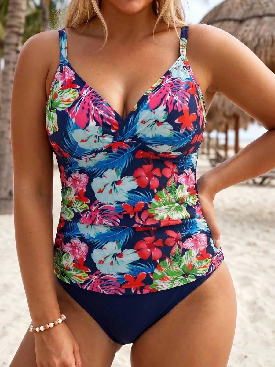 SHEIN Swim 2026 Summer New Beach Vacation Tummy Control Slimming Print Two Pieces Plus Size Tank Bikini - Multicolor - View 1