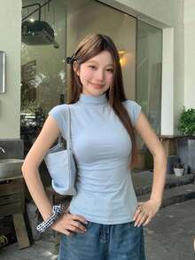 DAZY Women's Plain Color Stand Collar T-Shirt Summer - Blue - View 9