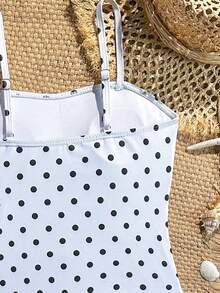 SHEIN Bộ đồ bơi bikini hai mảnh cho bé gái tuổi teen, họa tiết chấm bi, phong cách vintage dễ thương, ôm dáng, đồ bơi trẻ em chấm bi đen trắng cổ điển, thiết kế áo hai dây + eo nhún, ngọt ngào và thanh lịch, lên hình đẹp cho ảnh hồ bơi, phù hợp cho đi du lịch, tiệc hồ bơi, bơi biển và chụp ảnh mùa hè - Đen và trắng - Xem 4