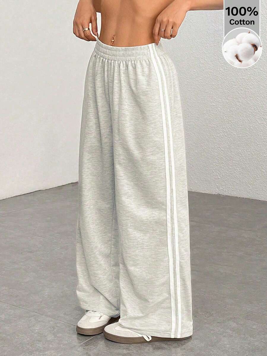 SHEIN PETITE 黑色侧条纹休闲裤，简约时尚，日常休闲，适合毕业典礼、返校季等场合，也适合教师穿着。 - 灰色 - 查看 1