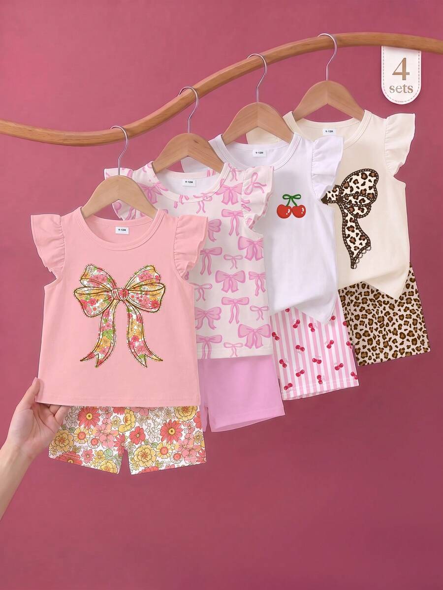 Souflis Souflis 4套女嬰花卉與蝴蝶結T恤搭配花卉印花短褲、粉色蝴蝶結T恤搭配素色短褲、櫻桃印花T恤搭配條紋短褲、豹紋蝴蝶結印花T恤搭配豹紋印花短褲,多件套裝適合春夏季場合 - 彩色 - 查看 1