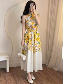 NOVVYNE 女款藍色編織數位印花無袖掛脖腰部打結抓皺A字優雅浪漫洋裝 - 彩色 - 查看 7