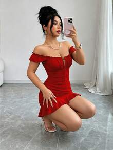 Vestido de verano elegante vintage de unicolor con volantes y lazo delantero - Negro 2 - Ver 11