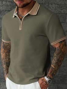 Manfinity CasualCool 男士夏季休閒度假日常通勤拼色條紋印花紋理面料半拉鍊 Polo 衫 - 綠色 - 查看 5
