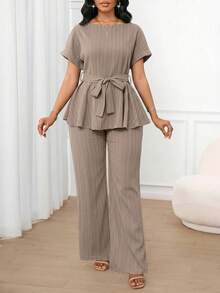 Lady Conjunto casual minimalista de 2 piezas para mujer con cuello redondo, manga corta, bajo enrollado y cintura ceñida en unicolor - Blanco - Ver 9