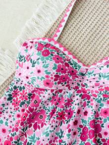 SHEIN Tween Girls Tankini Set, Knitted Small Floral Print Halter Neck Ruffle Cute Doll Hem Swimsuit - Hot Pink - View 5