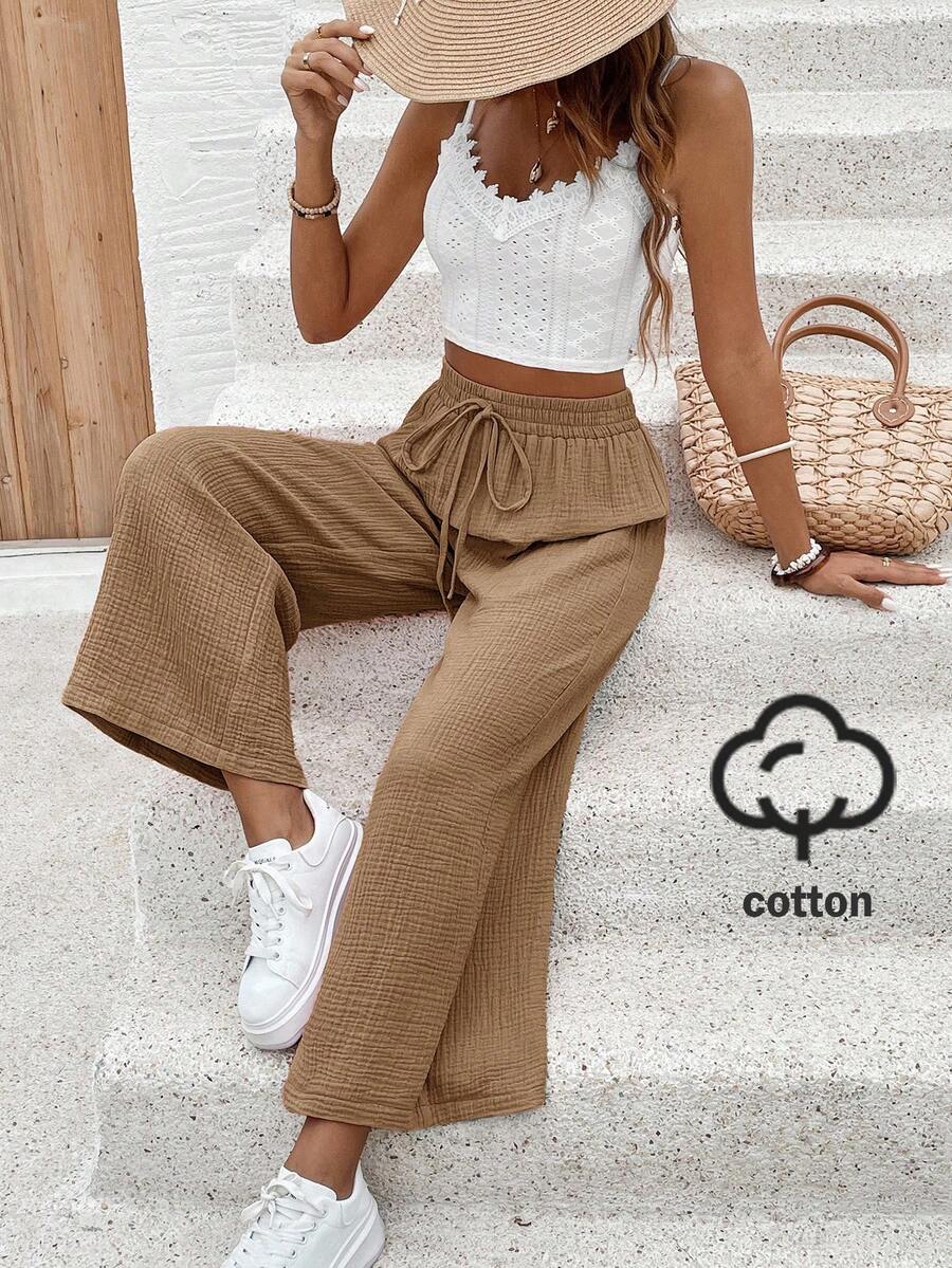 SHEIN Frenchy 女款休閒度假日常通勤極簡純色抽繩腰鬆寬腿長褲 - 棕色 - 查看 1