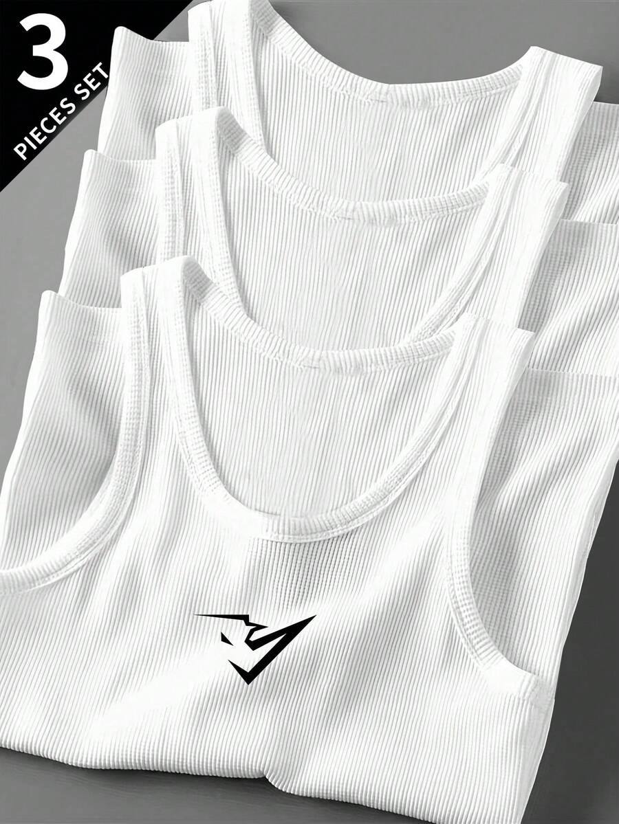Gym Rark 3pcs Men Solid Color Round Neck Casual Sport Tank Tops Workout Basic Basketball Jersey Clothes Running Breathable, Gym - White - View 1