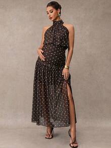 MaterniChic Maternity Summer Vintage Sexy Vacation Style Polka Dot Print Backless Knot Halter Neck Dress - Brown - View 6