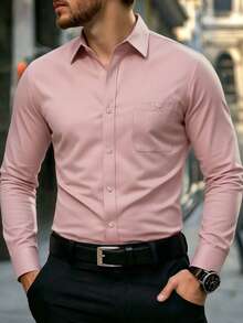 Manfinity Mode Men's Dress Shirts Solid Long Sleeve Stretch Wrinkle-Free Formal Shirt Business Casual Button Down Shirts, Fall, Ceremony - Baby Pink - View 3