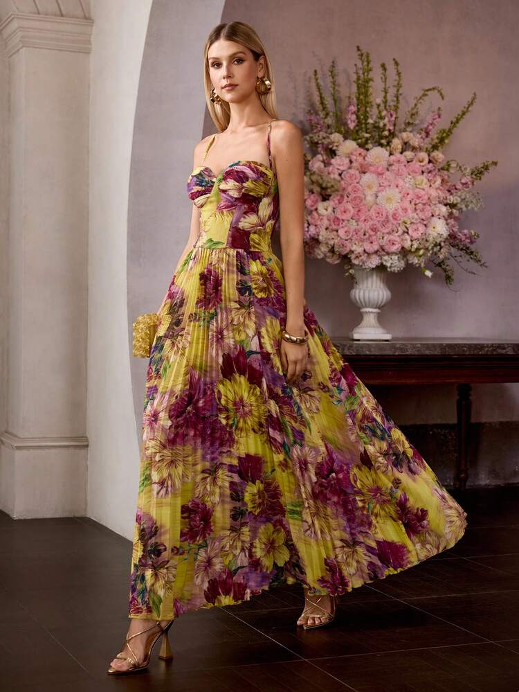 ELEGANT WOMEN'S SPAGHETTI STRAP MAXI PARTY GOWN WITH RANDOM FLORAL PRINT PLEATED FABRIC, SPAGHETTI STRAP DESIGN FOR VALENTINE'S DAY, EVENING GALAS, WEDDING GUEST ATTIRE, ANNIVERSARY CELEBRATIONS, PROM NIGHTS, HOLIDAY BASHES, ELEGANT BIRTHDAY CELEBRATIONS