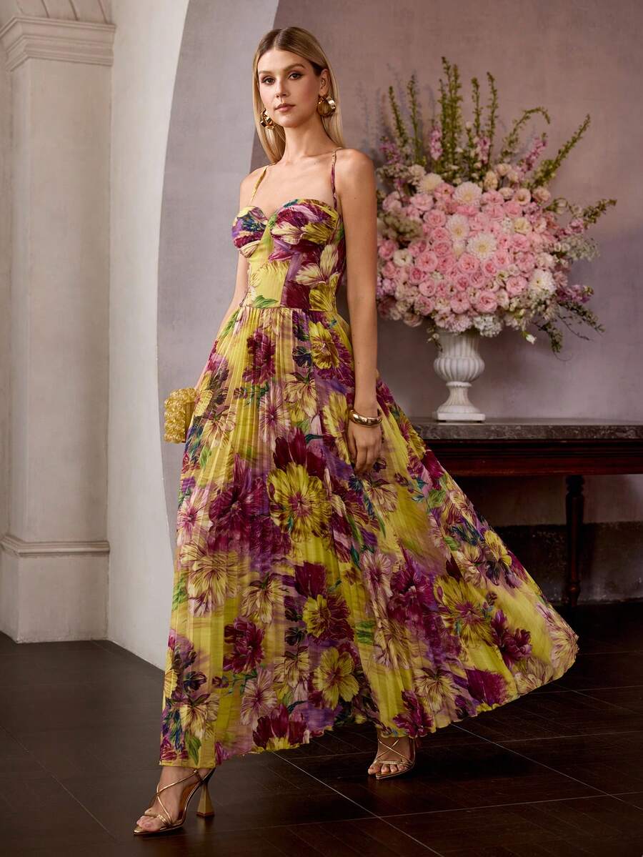 MOTF PREMIUM ELEGANT WOMEN'S SPAGHETTI STRAP MAXI PARTY GOWN WITH RANDOM FLORAL PRINT PLEATED FABRIC, SPAGHETTI STRAP DESIGN FOR VALENTINE'S DAY, EVENING GALAS, WEDDING GUEST ATTIRE, ANNIVERSARY CELEBRATIONS, PROM NIGHTS, HOLIDAY BASHES, ELEGANT BIRTHDAY CELEBRATIONS - Multicolor - View 2