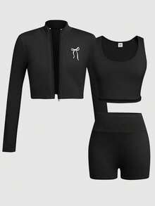 SHEIN Tween Girl Tween Girl Casual Daily Versatile Comfortable Slim Fit Solid Color Bow Embroidery Pattern Sportswear - Black - View 6