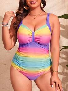 Slaydiva Baju Renang Terusan Tanpa Lengan Ukuran Besar untuk Pantai Musim Panas dengan Pinggang Tinggi dan Leher V Motif Ombre - MultiWarna - View 3