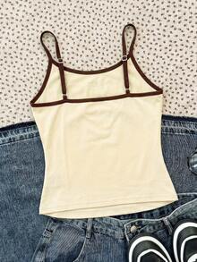 SHEIN Tween Girls Tank Tops & Camis Bright Brazil Print Pattern Colorblock Casual Spaghetti Strap Fitted Tank Top Suitable For Summer, Sports Casual Slim Fit Tank Top - Beige - View 2