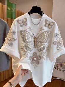 SHEIN Franclia 圆领蝴蝶数码印花珍珠串珠袖T恤，白色休闲上衣，假日穿着，女士度假衬衫 - 白色 - 查看 5