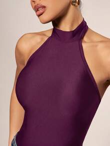 Hauture Women's Solid Color Halter Neck Sleeveless Backless Girly Bodysuit Club Night Plum Purple Summer - Purple - View 4